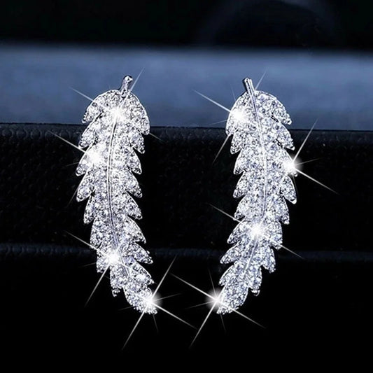 Fashion Inlaid Zircon Leaf Shaped Copper Earrings