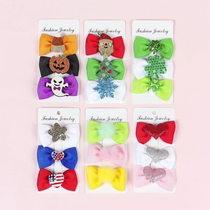 Halloween Christmas Independence Day Ethnic Style Kid'S Halloween Pattern Santa Claus American Flag Sequins Knitting Bowknot Hair Clip