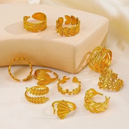 304 Stainless Steel 18K Gold Plated Minimalist Plating Leaf Open Ring