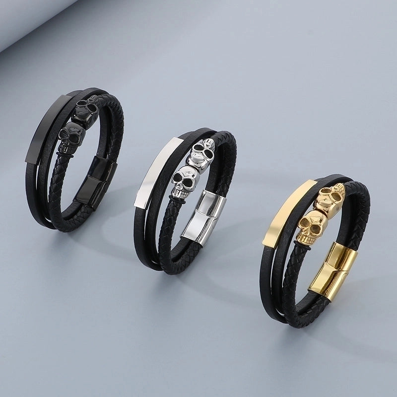 Business Skull 304 Stainless Steel Leather Layered Plating 18K Gold Plated Halloween Men's Bangle