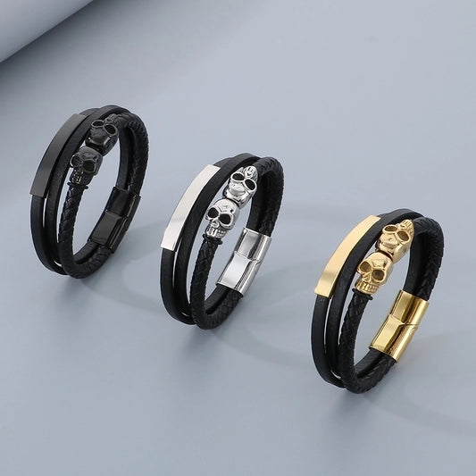 Business Skull 304 Stainless Steel Leather Layered Plating 18K Gold Plated Halloween Men's Bangle