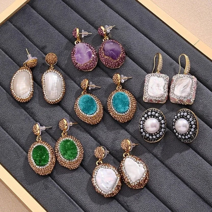 1 Pair/Package Casual Vintage Style Vacation Square Oval Polishing Inlay Copper Acrylic Rhinestones Clay 18K Gold Plated Drop Earrings