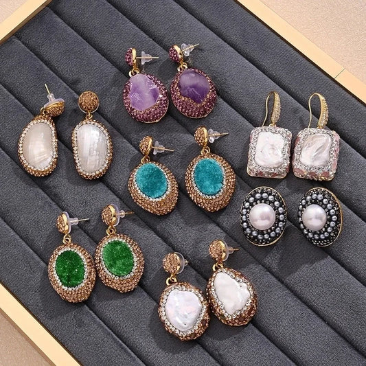 1 Pair/Package Casual Vintage Style Vacation Square Oval Polishing Inlay Copper Acrylic Rhinestones Clay 18K Gold Plated Drop Earrings