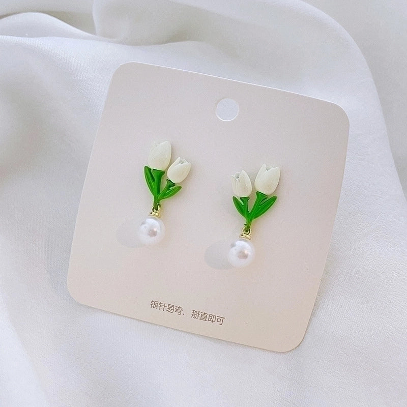 1 Pair Fairy Style Sweet Leaf Flower Spray Paint Inlay Imitation Pearl Alloy Opal Zircon Earrings