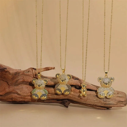 Minimalist Little Bear Brass Plating Inlay Zircon 14k Gold Plated Pendant Necklace