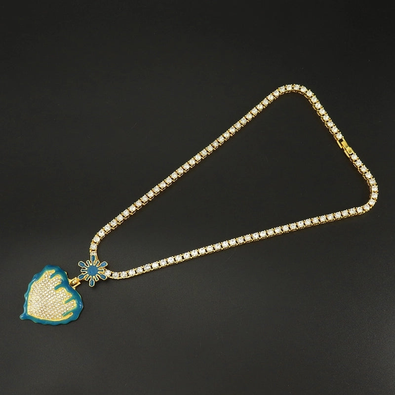 Luminous Oil Dripping Snowflake Love Hip Hop Pendant Peach Heart Personality Single Row Diamond Cuban Link Chain Necklace Men And Women