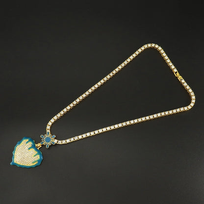 Luminous Oil Dripping Snowflake Love Hip Hop Pendant Peach Heart Personality Single Row Diamond Cuban Link Chain Necklace Men And Women