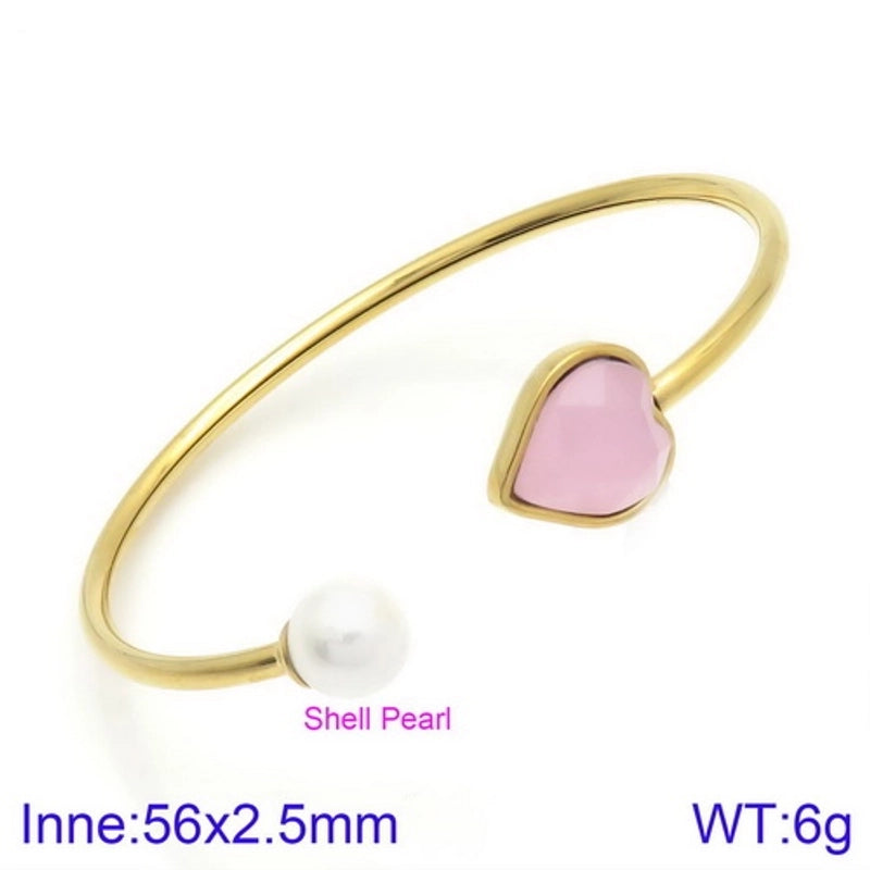 Modern Style Minimalist Heart Shape Stainless Steel Titanium Steel 18K Gold Plated Glass Stone Pearl Bangle In Bulk