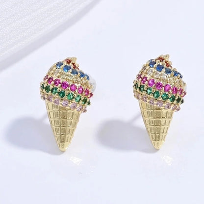 1 Pair Casual Sweet Minimalist Ice Cream Cherry Pineapple Enamel Copper Zircon 18K Gold Plated Ear Studs
