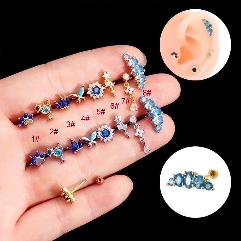 1 Piece Ear Cartilage Rings & Studs Sweet Crown Flower Butterfly 316L Stainless Steel Copper Plating Inlay Zircon