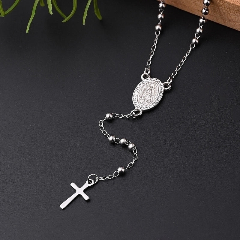 IG Style Casual Classical Cross Round Beads Virgin Mary 304 Stainless Steel Rhinestones 18K Gold Plated Handmade Plating Inlay Necklace