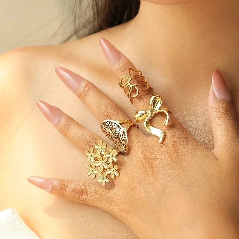 Elegant Romantic Artistic Flower Bow Knot 304 Stainless Steel 14K Gold Plated Hollow Out Open Rings