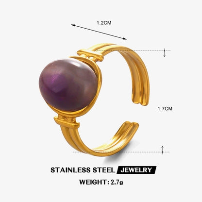 Vintage Style Oval 304 Stainless Steel Natural Stone 18K Gold Plated Plating Inlay Open Rings