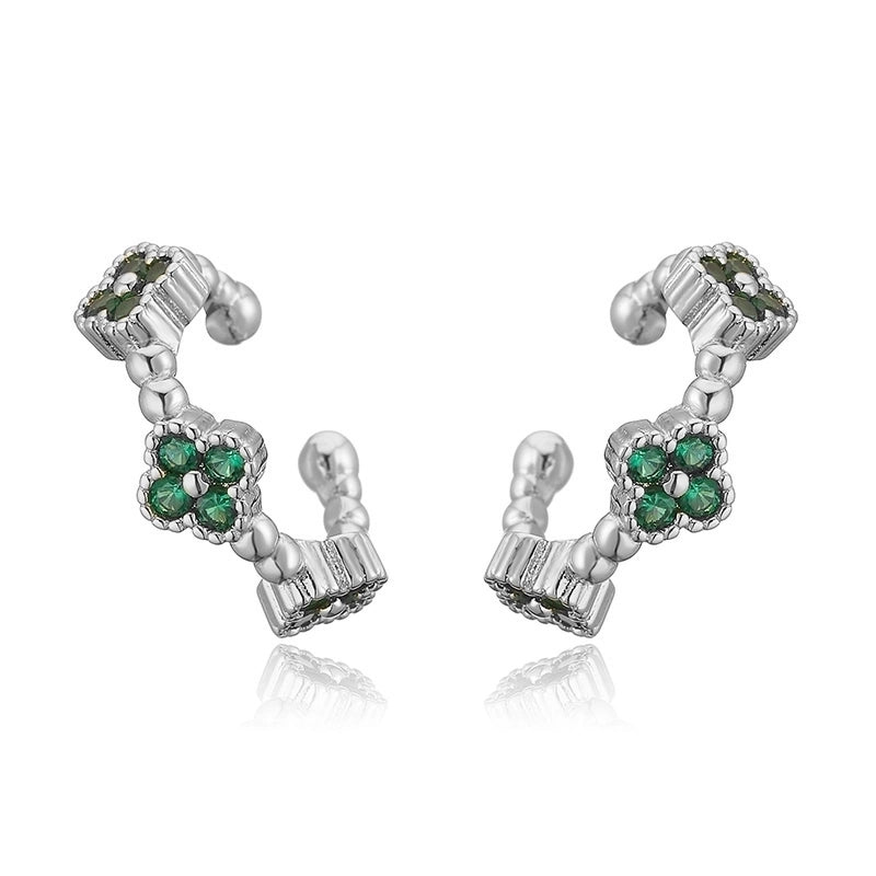 Temperament Entry Lux Copper Inlaid Color Diamond Clover Opening Ear Clip Niche High Sense Flower Petals Ear Rings Direct Sales