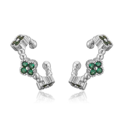 Temperament Entry Lux Copper Inlaid Color Diamond Clover Opening Ear Clip Niche High Sense Flower Petals Ear Rings Direct Sales
