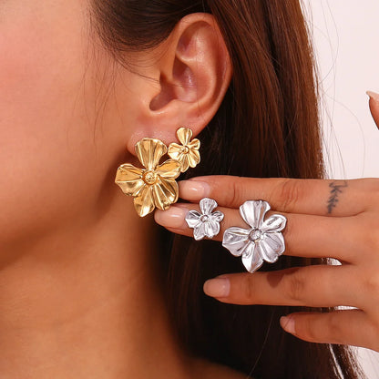 Fashion Petal Geometric Flower Stainless Steel 18K Gold Plated Stud Earrings
