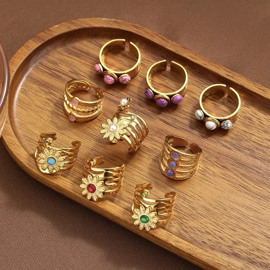 IG Style Elegant Classical Flower Chrysanthemum 304 Stainless Steel Imitation Pearl Opal Open Rings