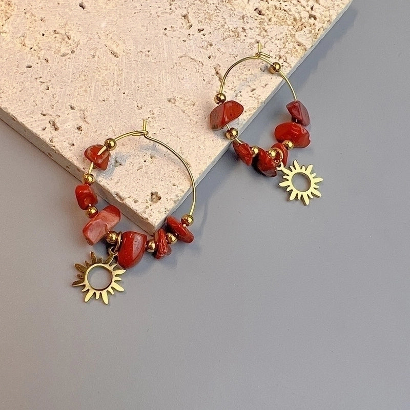 1 Pair Bohemian Leaf Sun Butterfly Stainless Steel Gravel Earrings