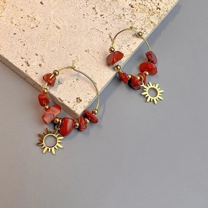 1 Pair Bohemian Leaf Sun Butterfly Stainless Steel Gravel Earrings