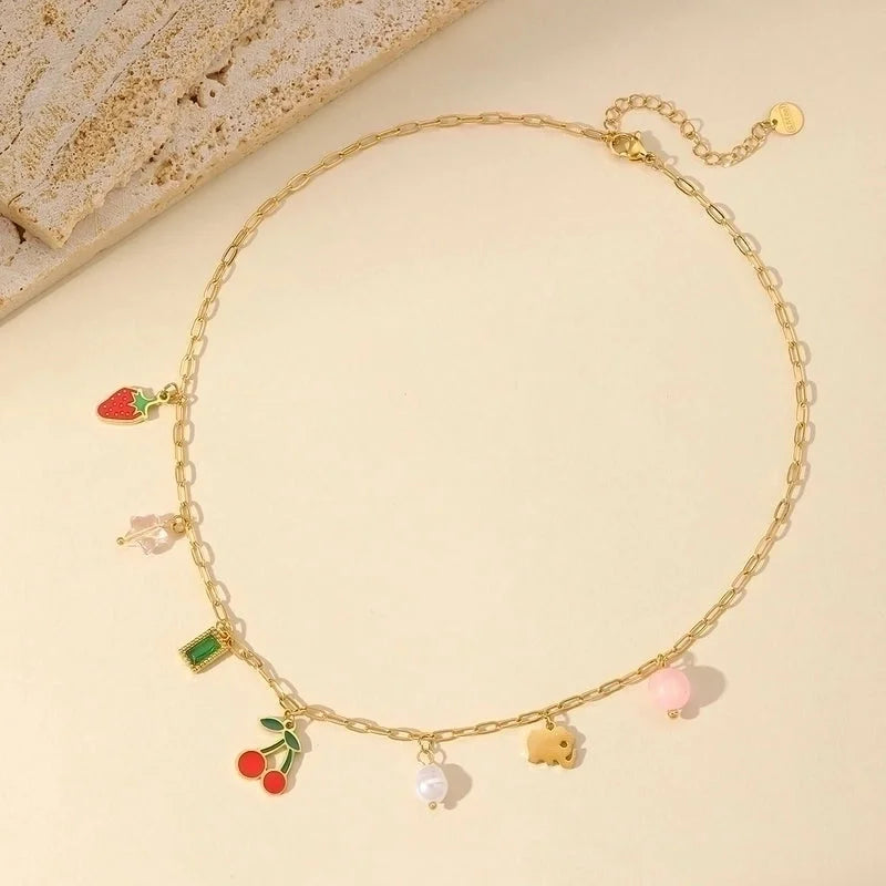 French Style Cherry Strawberry 304 Stainless Steel Imitation Pearl Imitating Stone 18K Gold Plated Enamel Plating Inlay Multi Charms Necklace