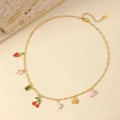 French Style Cherry Strawberry 304 Stainless Steel Imitation Pearl Imitating Stone 18K Gold Plated Enamel Plating Inlay Multi Charms Necklace