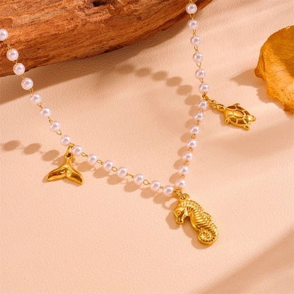 Cute Sweet Star Bow Knot Shell Titanium Steel Pearl 18K Gold Plated Hollow Out Inlay Pendant Necklace