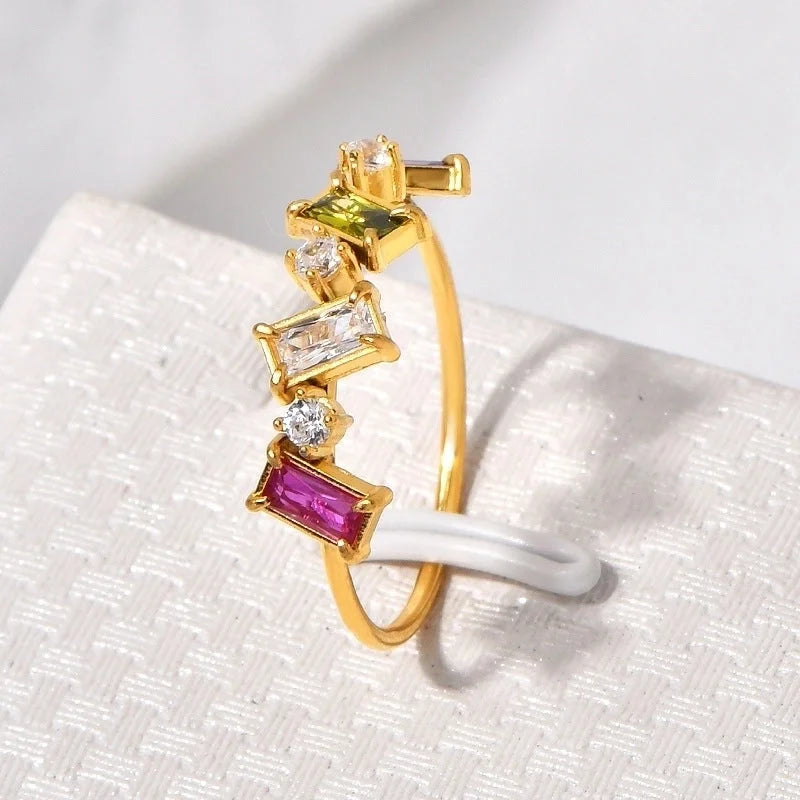 Elegant Geometric Solid Color 304 Stainless Steel Rhinestones 18K Gold Plated Inlay Rings