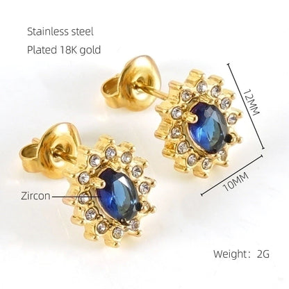 1 Pair Glam Sun Water Droplets Heart Shape Inlay Stainless Steel Rhinestones Zircon 18K Gold Plated Ear Studs