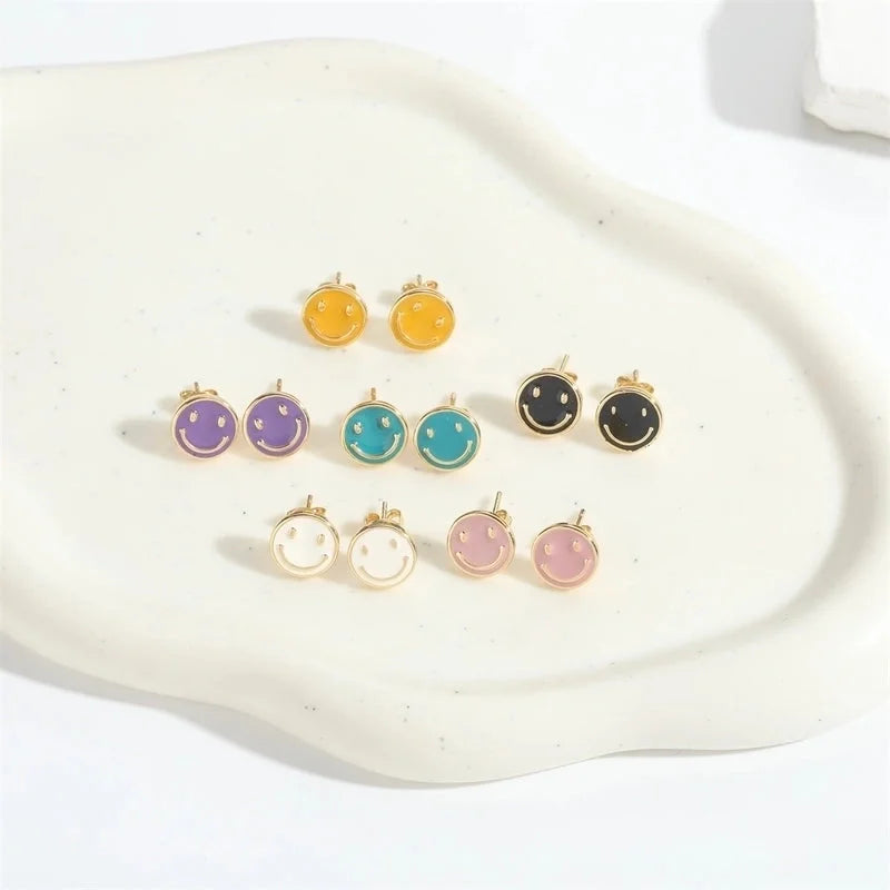 1 Pair Elegant Minimalist Commute Smile Face Enamel Copper 14K Gold Plated Ear Studs