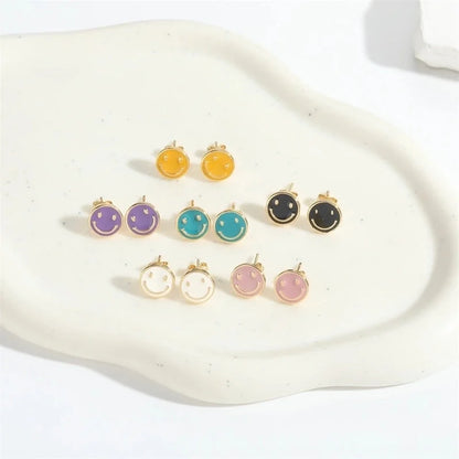 1 Pair Elegant Minimalist Commute Smile Face Enamel Copper 14K Gold Plated Ear Studs