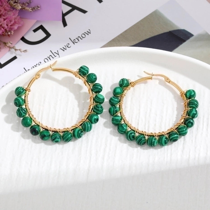 2 Pieces Retro Geometric Handmade Stainless Steel Natural Stone Earrings