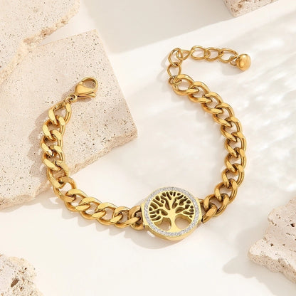 3 Pieces Elegant Four Leaf Clover Life Tree Titanium Steel Cuban Link Chain Curb Chain Bracelets In Bulk