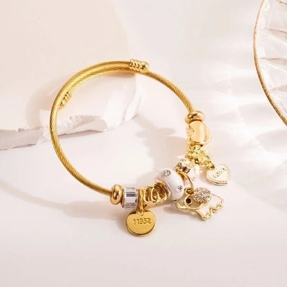 304 Stainless Steel Alloy Gold Plated Casual Streetwear Plating Inlay Eiffel Tower Elephant Rhinestones Bangle