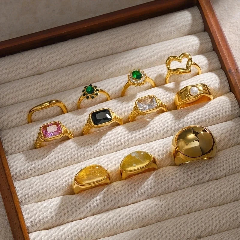 IG Style Geometric 304 Stainless Steel Artificial Pearls Zircon 18K Gold Plated Inlay Open Rings Rings