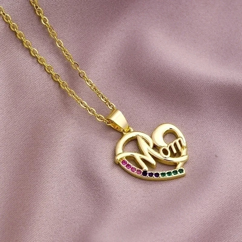 304 Stainless Steel Copper MAMA Plating Letter Zircon Pendant Necklace