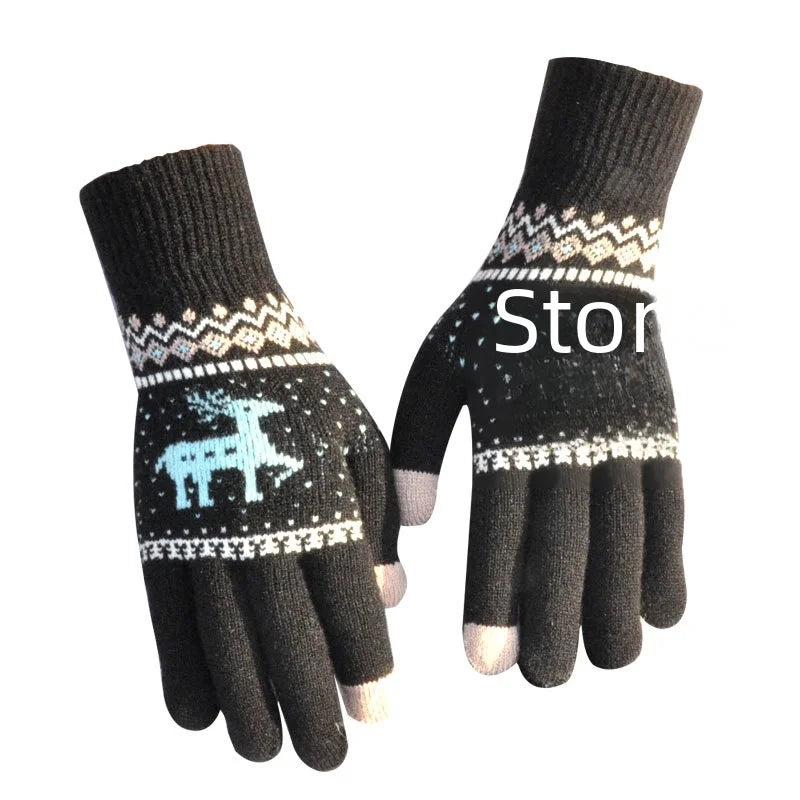 Adults Winter Warm Plus Velvet Padded Knitted Gloves Elk Christmas Tree Jacquard Touch Screen Gloves