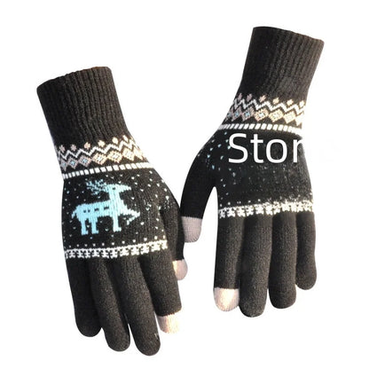 Adults Winter Warm Plus Velvet Padded Knitted Gloves Elk Christmas Tree Jacquard Touch Screen Gloves