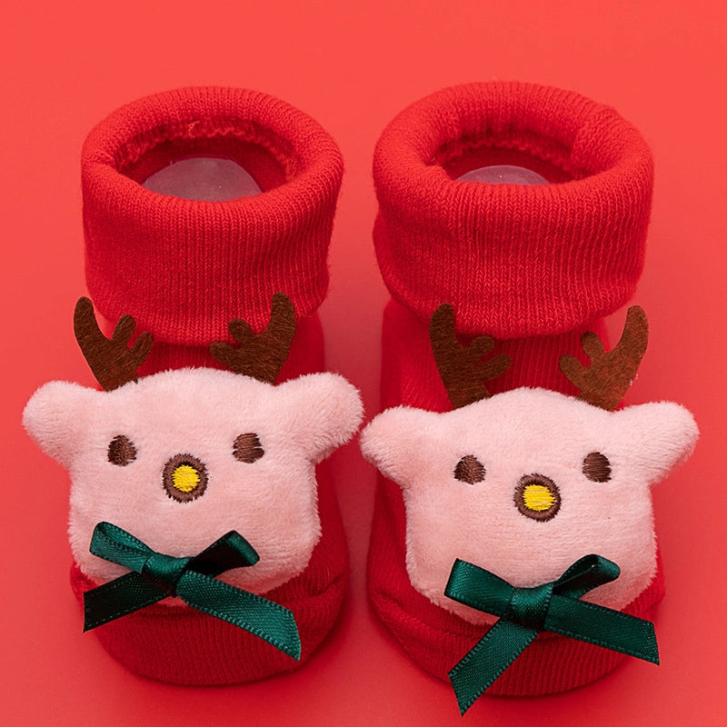 New Newborn Baby Socks Autumn And Winter A Cotton Red Terry Fleece-lined Thickened Non-slip Baby Christmas Floor Socks 1
