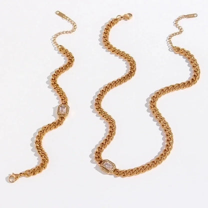 Fashion Square 304 Stainless Steel Zircon 18K Gold Plated Plating Inlay Bracelets Necklace