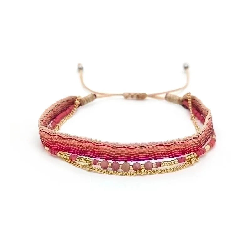 Minimalist Classic Style Color Block Natural Stone Layered Knitting 18k Gold Plated Bracelets