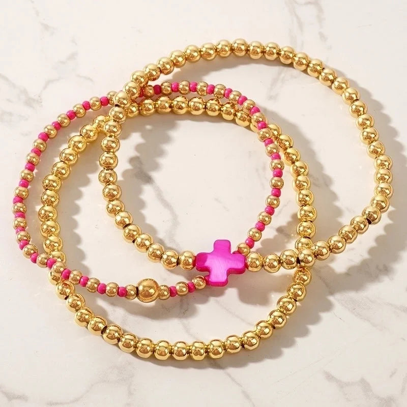 Hot Selling Fashionable Golden Luxury Copper Bead Beaded Gothic Cross Women's Stretch Bracelet 3-Piece Set