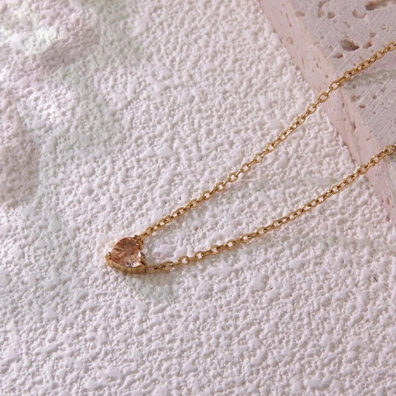 Sweet Minimalist Commute Heart Shape 304 Stainless Steel Rhinestones Birthstone 18K Gold Plated Inlay Necklace