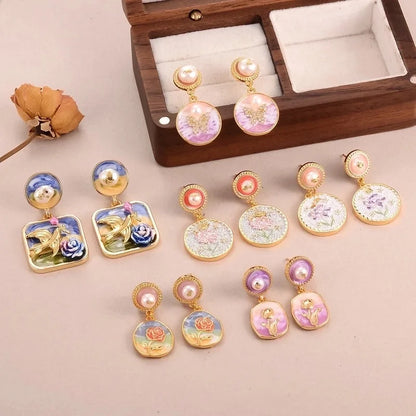 1 Pair Minimalist Classic Style Flower Butterfly Enamel Inlay Alloy Copper Natural Pearl Zircon Drop Earrings