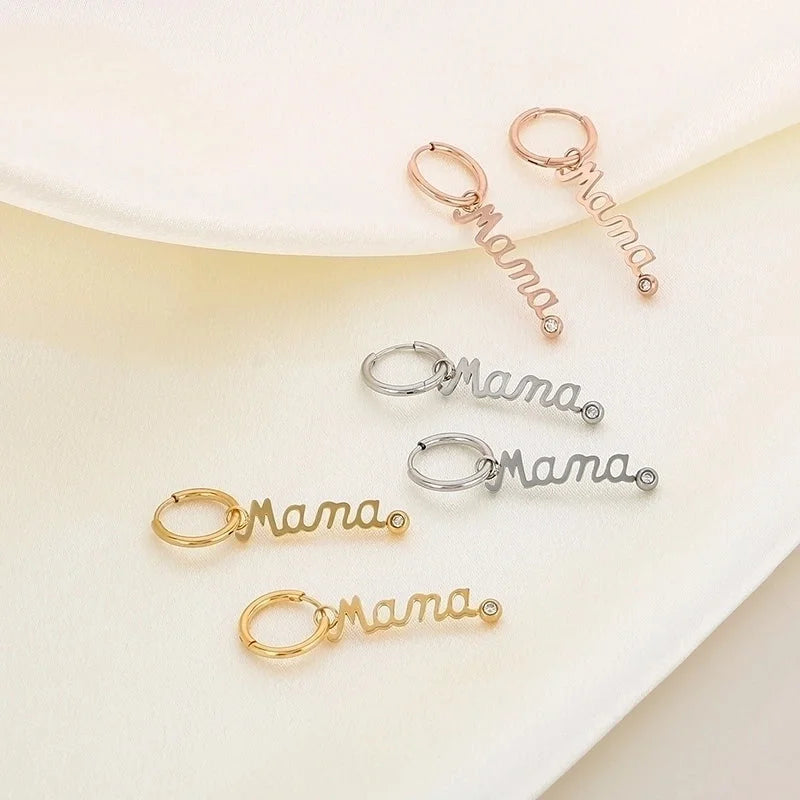 304 Stainless Steel 18K Gold Plated MAMA Minimalist Inlay Letter Zircon Earrings Necklace