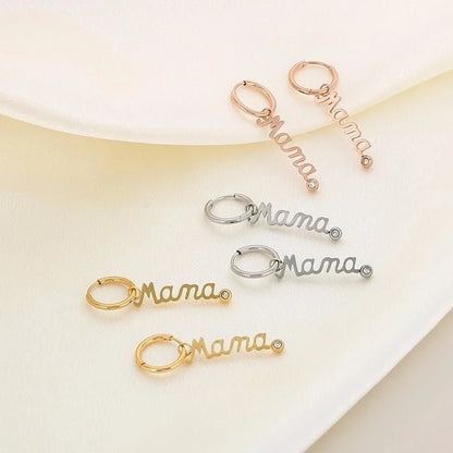 304 Stainless Steel 18K Gold Plated MAMA Minimalist Inlay Letter Zircon Earrings Necklace