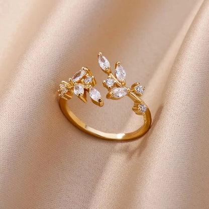 Copper 18K Gold Plated Flower Zirconia Open Rings Rings