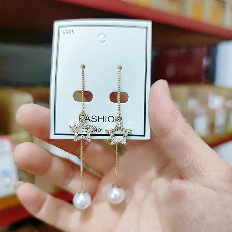 2 Pieces Elegant Star Tassel Heart Shape Inlay Alloy Artificial Pearls Rhinestones Glass Earrings