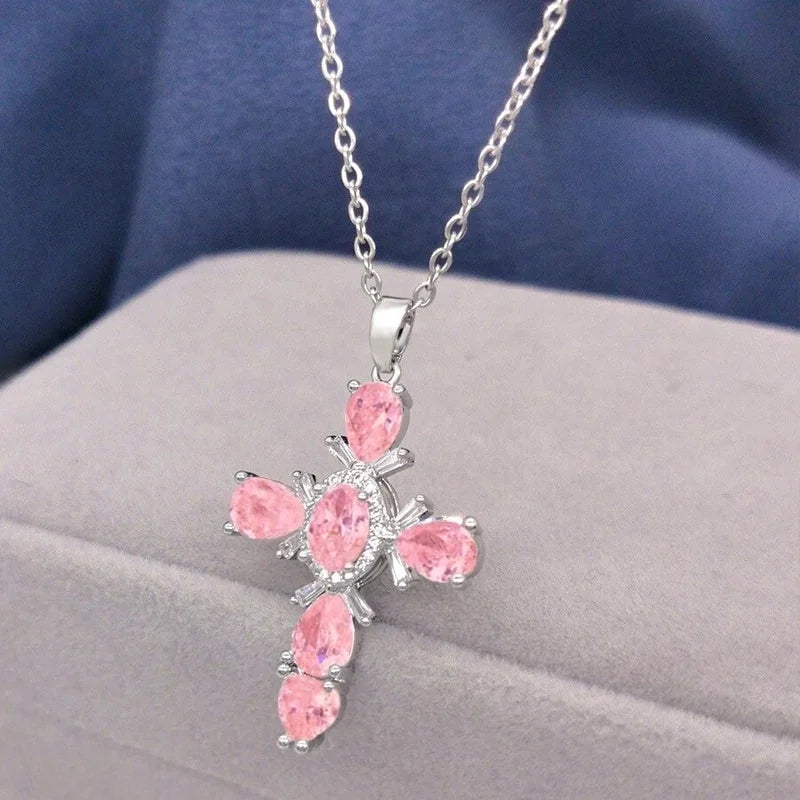 201 Stainless Steel Copper White Gold Plated Gold Plated Minimalist Classic Style Plating Inlay Cross Glass Zircon Pendant Necklace