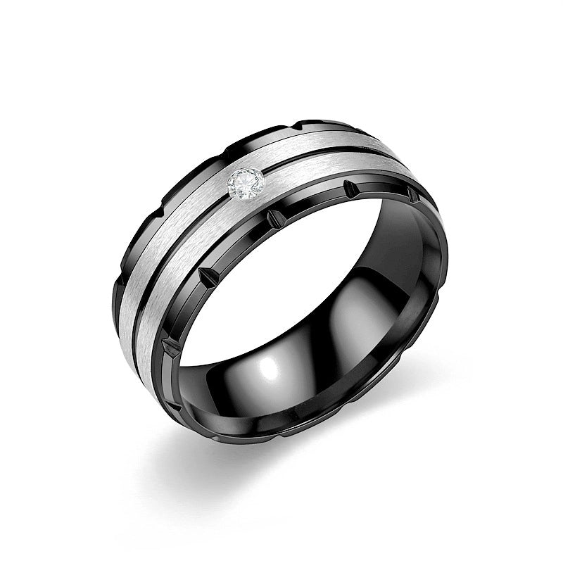 Modern Style Minimalist Round Titanium Steel Artificial Diamond 18K Gold Plated Inlay Wide Band Ring