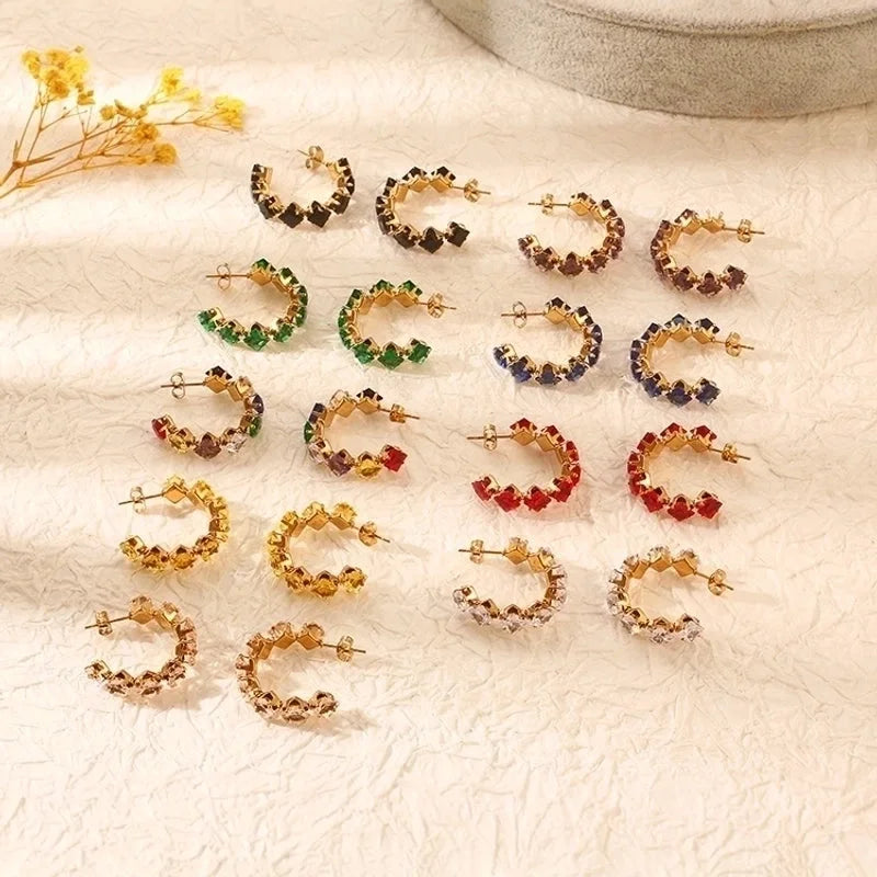 1 Pair IG Style Baroque Style Shiny C Shape Rhombus Inlay 316 Stainless Steel Zircon 18K Gold Plated Ear Studs
